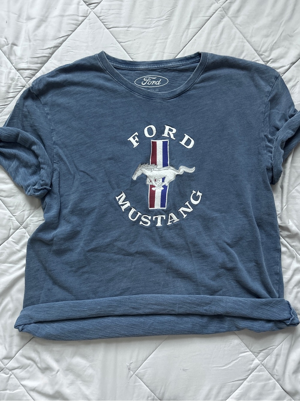 Ford Men's Blue Mustang Logo Tee with Stripe Emblem
